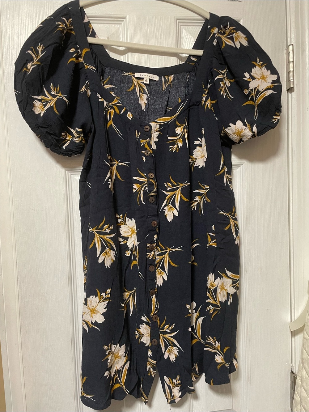 Navy Floral Button-Front Mini Dress with Puff Sleeves